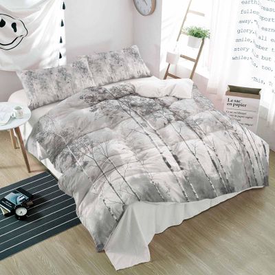 3 Piece Bedding Set,Tree and Forest Gray Gradient Breathable Duvet Cover Super Soft Pillow Shams,Vintage Oil Painting Art Washable Bed Sets All Seasons for Bedroom Dorm Hotel RV