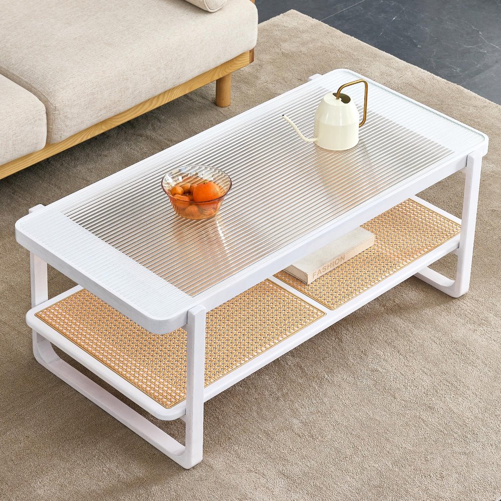 45'' Mid Century Modern Coffee Table,Rattan Coffee Table with Ribbed Glass Top and PE Rattan Storage Shelf,Glass Coffee Table for Living Room Reception Room Office Tea Room