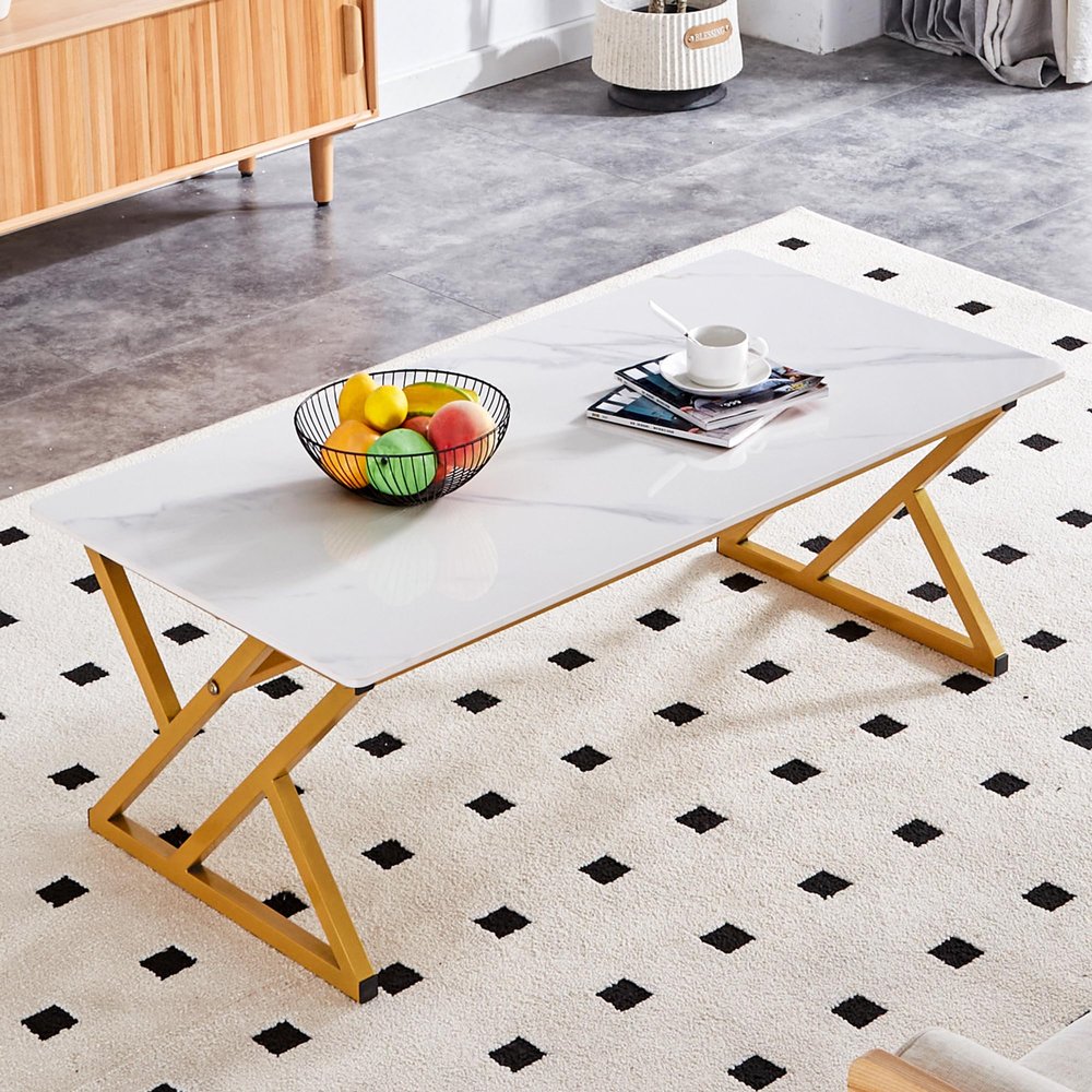 47'' Mid Century Modern Coffee Table,Rectangular Center Table with Rock Slab Tabletop with Imitation Marble Pattern and Thickened Metal Support,Modern Coffee Table for Living Room