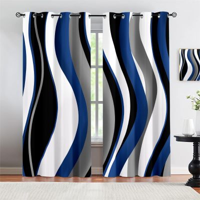 Abstract Wave Living Room Blackout Curtains, Black Grey Blue White Stripe Print Thermal Insulation Curtains, Grommet Privacy Bedroom Curtains for Dining Room Office Kids Room Decor (72"W x 72"L)