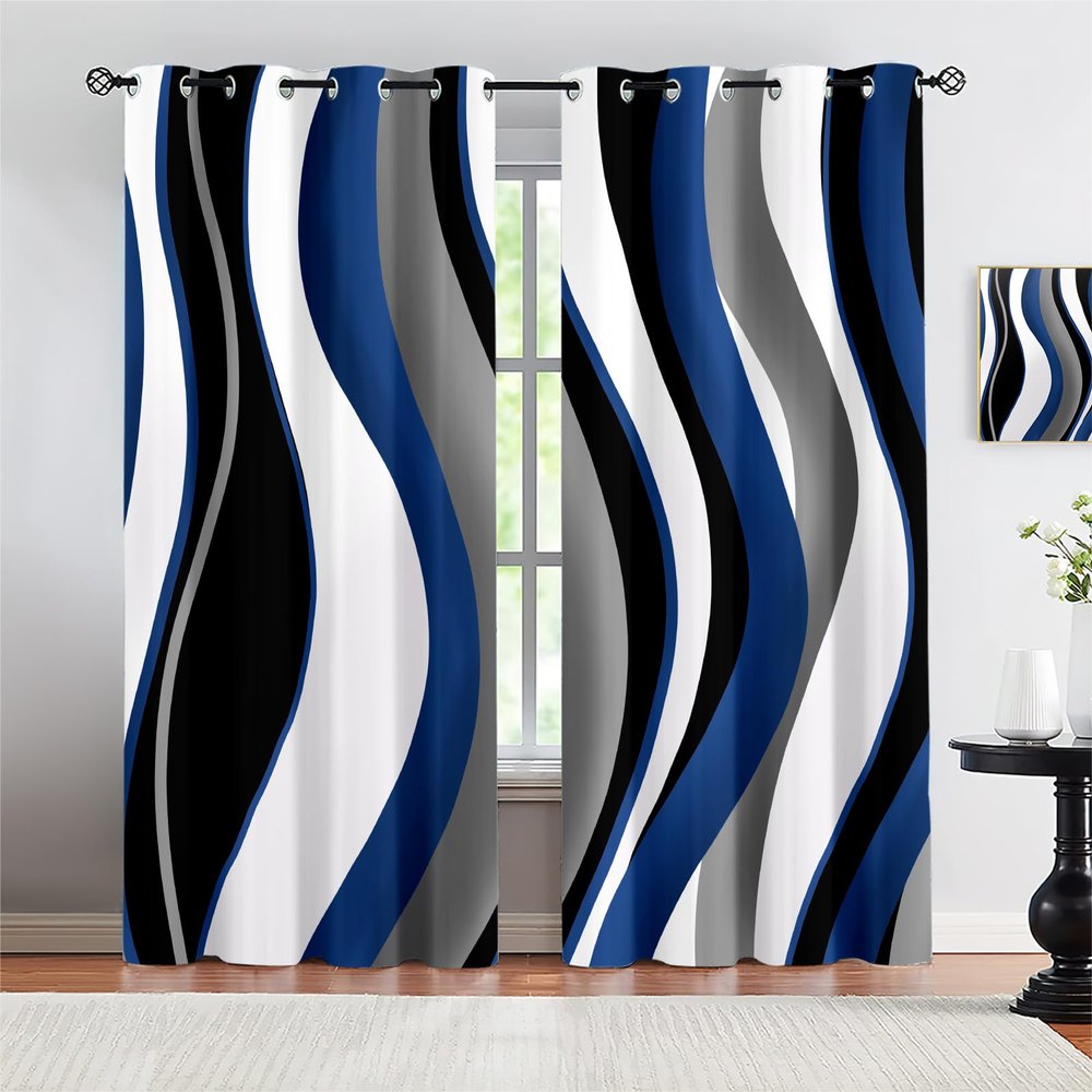Abstract Wave Living Room Blackout Curtains, Black Grey Blue White Stripe Print Thermal Insulation Curtains, Grommet Privacy Bedroom Curtains for Dining Room Office Kids Room Decor (72"W x 72"L)