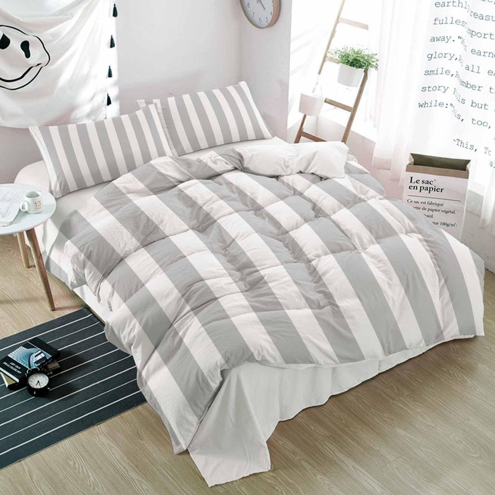 Alandar Home Duvet Cover Sets Grey Stripes White Striped,3 Piece Bed Set Ultra Soft Quilt Covers and Pillowcases,Modern Geometric Art Microfiber Bedding Set for Bedroom Guest Room Dorm