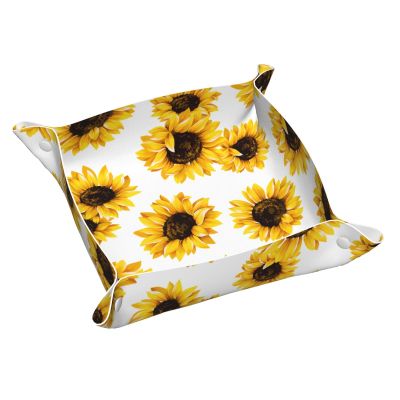 YZDPLO Sunflower Pattern Leather Vanity Tray Desktop Storage Organizer, Decorative Catchall Perfume Tray, Bathroom Valet Tray,Nightstand Caddy Holder for Keys Phone Wallet Coin Jewelry, S
