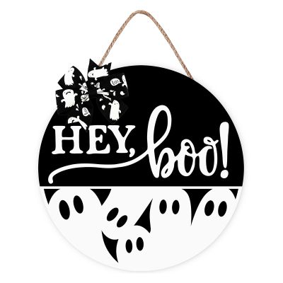 Halloween Door Sign Ghost Decor - Hey Boo Spooky Wall Decor - Wooden Front Door Decorations Hanger Wreath with Bow for Halloween Decorations Indoor Party Supplies