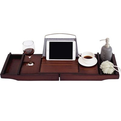 Bath Caddy Tray Bathtub shelf Expandable Bamboo Bath Tub Tray with Extending Sides Built in Book Tablet Cellphone Tray Wineglass Holder Bathtub tray