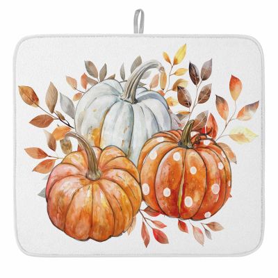 Pumpkin Fall Polka Dots Drying Mats for Kitchen Counter, Autumn Leaf Microfiber Absorbent Dish Drainer/Rack Mat,Reversible Hangding Quick Drying kitchen Decor,18x24 Machine Washable