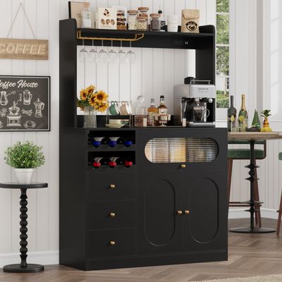 FACBOTALL Kitchen Pantry Storage Cabinet with Hutch, Buffet Sideboard with Storage, Coffee Bar Cabinet with Power Outlets, Microwave Stand, Wine Racks, Kitchen Cupboard for Dining & Living Room, Black