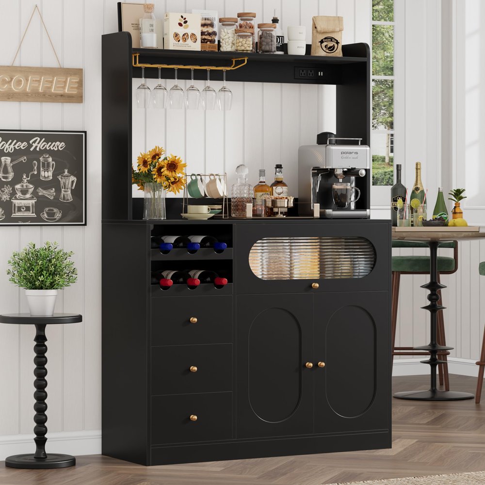 FACBOTALL Kitchen Pantry Storage Cabinet with Hutch, Buffet Sideboard with Storage, Coffee Bar Cabinet with Power Outlets, Microwave Stand, Wine Racks, Kitchen Cupboard for Dining & Living Room, Black