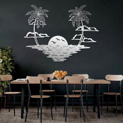 LARNT Palm Tree Wall Art, Metal Palm Tree Wall Decor, Metal Sun Wall Decor, Sunrise Metal Wall Art, Nature Wall Art, Abstract Wall Art, Outdoor Wall Decor, Home Decor (Silver, 23"x30"|58x76cm)