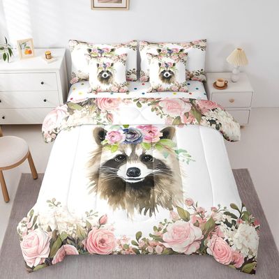 Erosebridal Cartoon Recoon Bed in a Bag 7pcs Gray Bear Bedding Set, Cute Animal Queen Size Comforter Set Pink Roses Bedding Comforter Sets, Watercolor Hand Drawn Bed Set