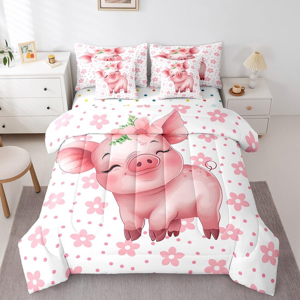 Erosebridal Cartoon Pig Bedding Queen Size 7pcs Pink Flower Floral Comforter Set, Cute Piggy Bedding Comforter Sets Kawaii Farm Animal Bed in a Bag, Chic Blossoms Bedding Accessories