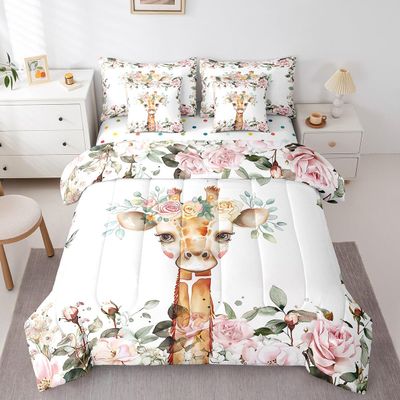Cute Giraffe Queen Comforter Set 7-Piece Pink Rose Bedding Comforter Sets Girls Kids, Cartoon Animal Bed in a Bag Floral Flower Bedding Set, Wildlife Giraffe Bed Sheets Set Botanical Room Decor