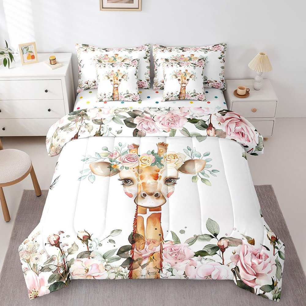 Cute Giraffe Queen Comforter Set 7-Piece Pink Rose Bedding Comforter Sets Girls Kids, Cartoon Animal Bed in a Bag Floral Flower Bedding Set, Wildlife Giraffe Bed Sheets Set Botanical Room Decor