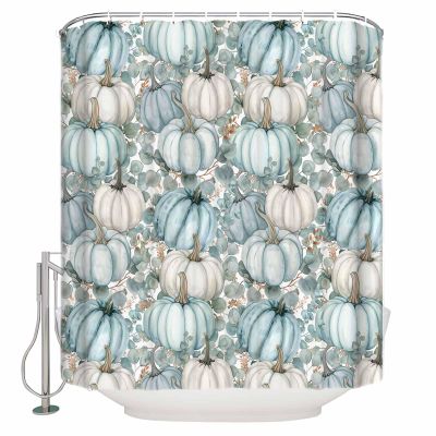 Thanksgiving Turquoise Pumpkins Shower Curtain Set with Hook 72"x78",Fall Eucalyptus Maple Leaves Washable Cloth Polyester Fabric Shower+Curtain,Waterproof Bath Curtains for Bathroom,Showers,Bathtubs
