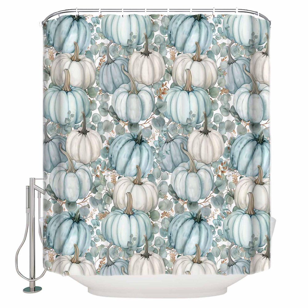 Thanksgiving Turquoise Pumpkins Shower Curtain Set with Hook 72"x78",Fall Eucalyptus Maple Leaves Washable Cloth Polyester Fabric Shower+Curtain,Waterproof Bath Curtains for Bathroom,Showers,Bathtubs