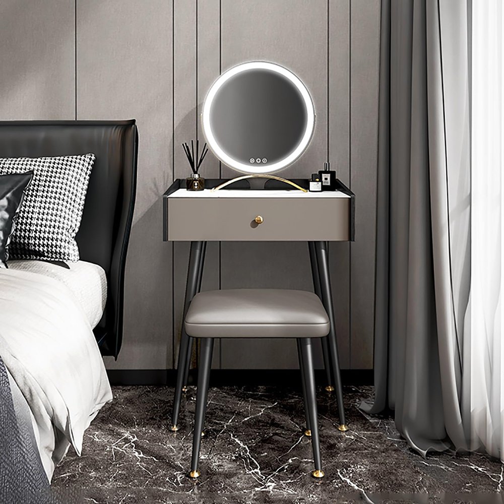 BAYTEWJX Vanity Desk with Mirror and Lights Makeup Table Modern Vanity Desk for Bedroom with Cushioned Stool Dressing Table with Drawers Small Makeup Vanity for Women Girls Bedroom.(60x40x77.5cm)