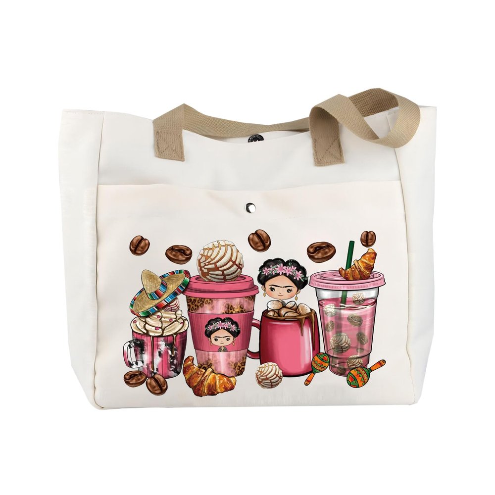 BLUPARK Funny Cafecitoy Chisme Mexican Coffee Cup Tote Mexican Concha Pun Gift Mexican Themed Tote Bag Mexican Women Bag Mexican Gift (Mexi, Coffee Croissant TO)