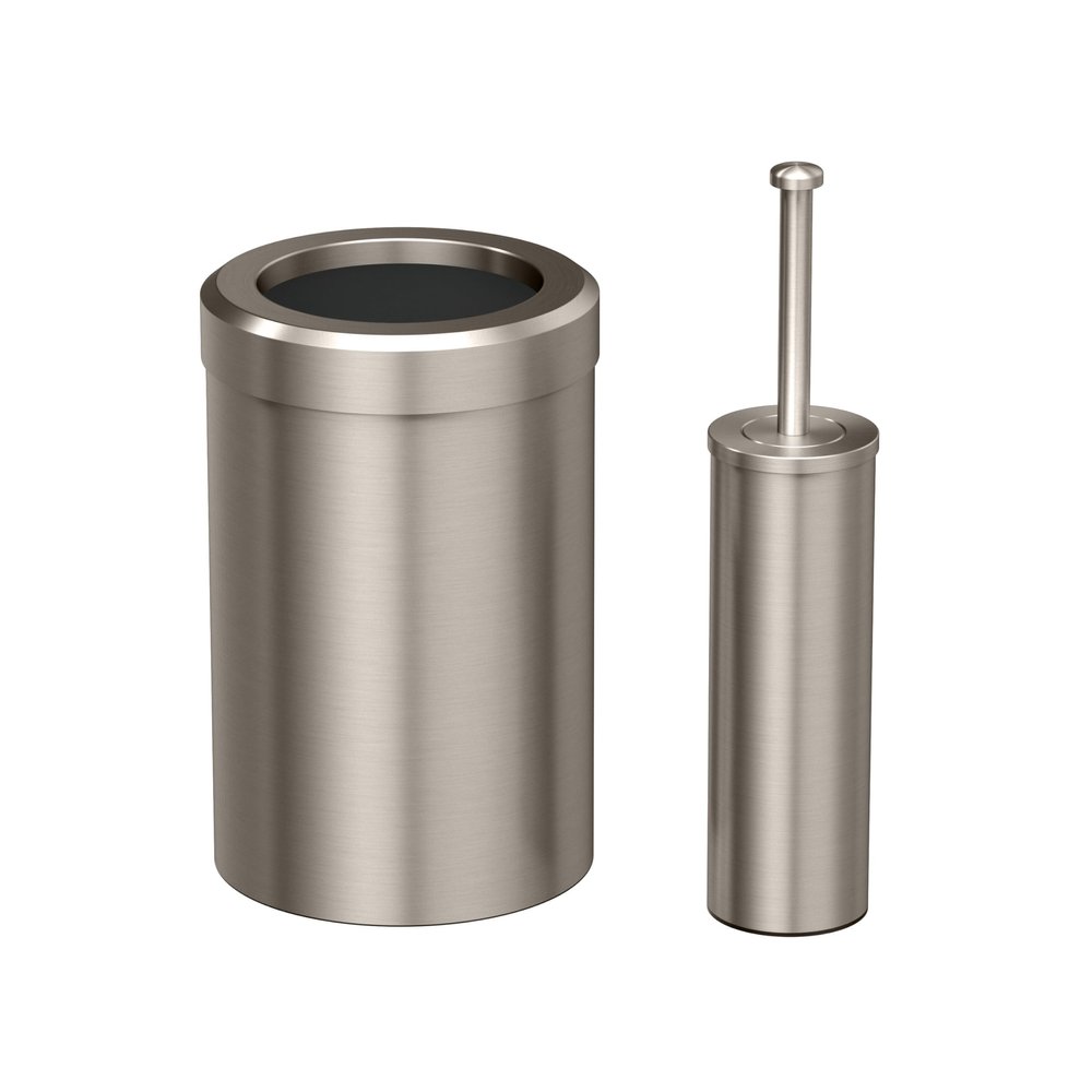 Gatco Modern Round Waste Basket and Toilet Brush Set, Satin Nickel- Stainless Steel Trash Can with Removable Lid, Leakproof, 3 Gallon Capacity for Bathroom, Bedroom, Kitchen, or Office