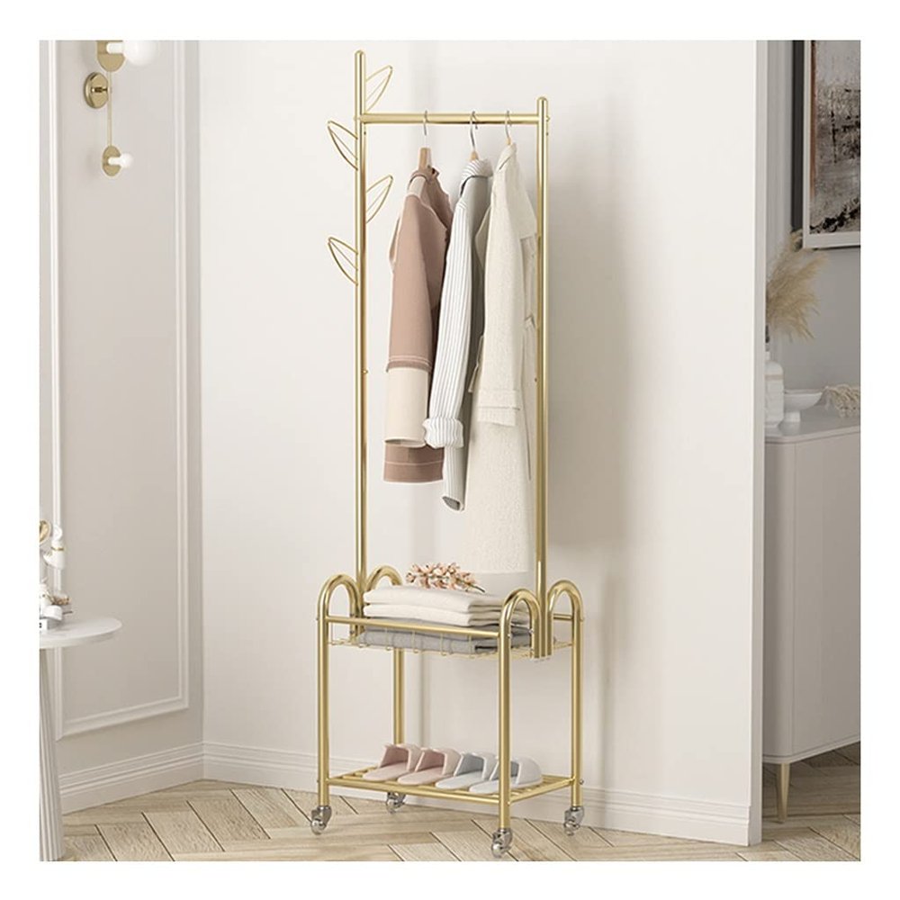 HomeLoft Basics Coat Rack Coat Rack, Coat Stand, Clothes Rack With 2-Tier Storage Shelf For Shoes And Baskets, Metal Frame, Space-saving, Ideal For Bedroom, Entryway, Office And More, 50*33*188cm, Gold