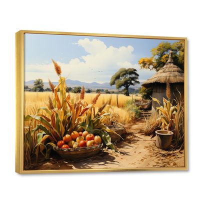 african art Oversized framed wall art decor, African Art framed wall Art, Abundance Harvest African Painting I, Beige Global Gold framed wall art, 32x16 inches Gold Frame