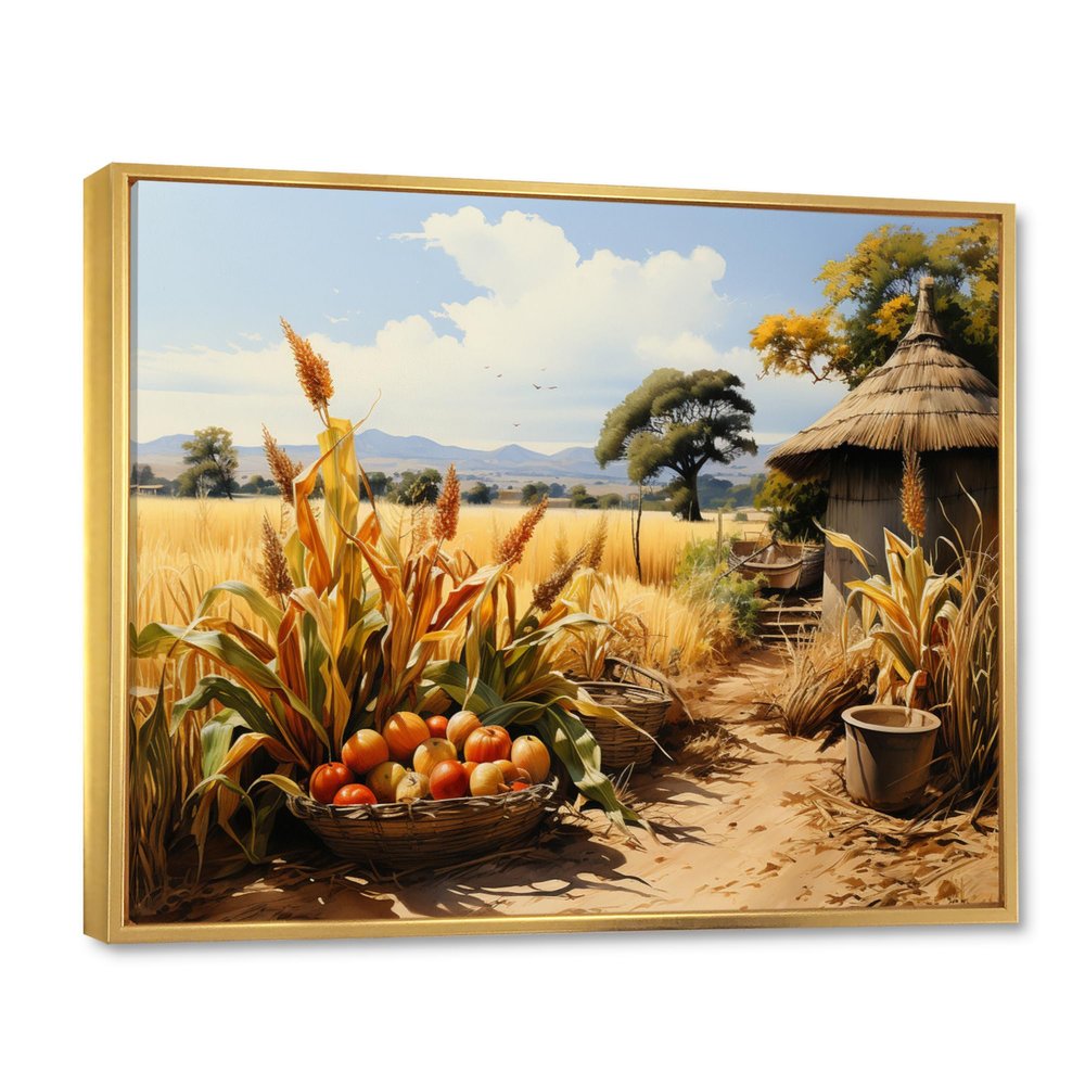 african art Oversized framed wall art decor, African Art framed wall Art, Abundance Harvest African Painting I, Beige Global Gold framed wall art, 32x16 inches Gold Frame