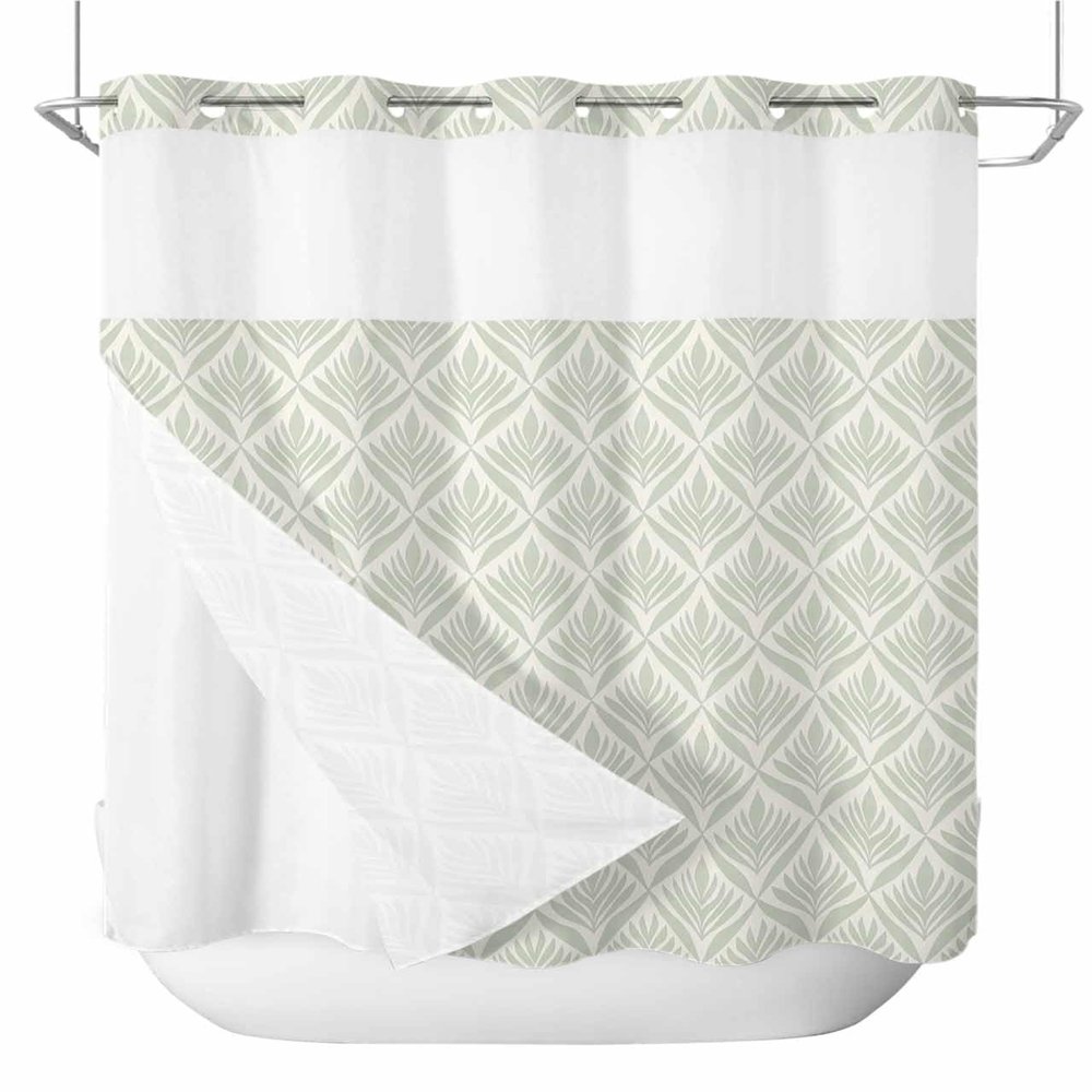 No Hook Shower Curtains with Snap in Liner, Teal Floral Waterproof Fabric Shower Curtain, Vintage Modern Geometric Abstract Art Double Layers & See-Through Top Window Bathroom Curtains 72''x78''