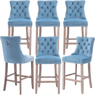 SoarTalent Velvet Upholstered Bar Stools Set of 6 with Back and Wood Legs, Metal Pulling Ring, Armless Counter Height Barstools for Kitchen Island, Pub(Sky Blue)