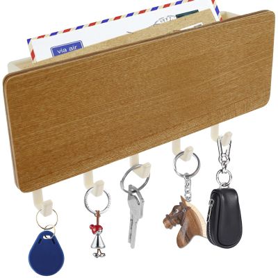 Key Holder Mail, Wall Mounted Mail Organizer and Key Hanger with 5 Hooks & Tray Wooden Wall Key Rack Space Saving Key Holder Easy to Install Key Mail Holder for Entryway Door Kitchen Hallway Foyer