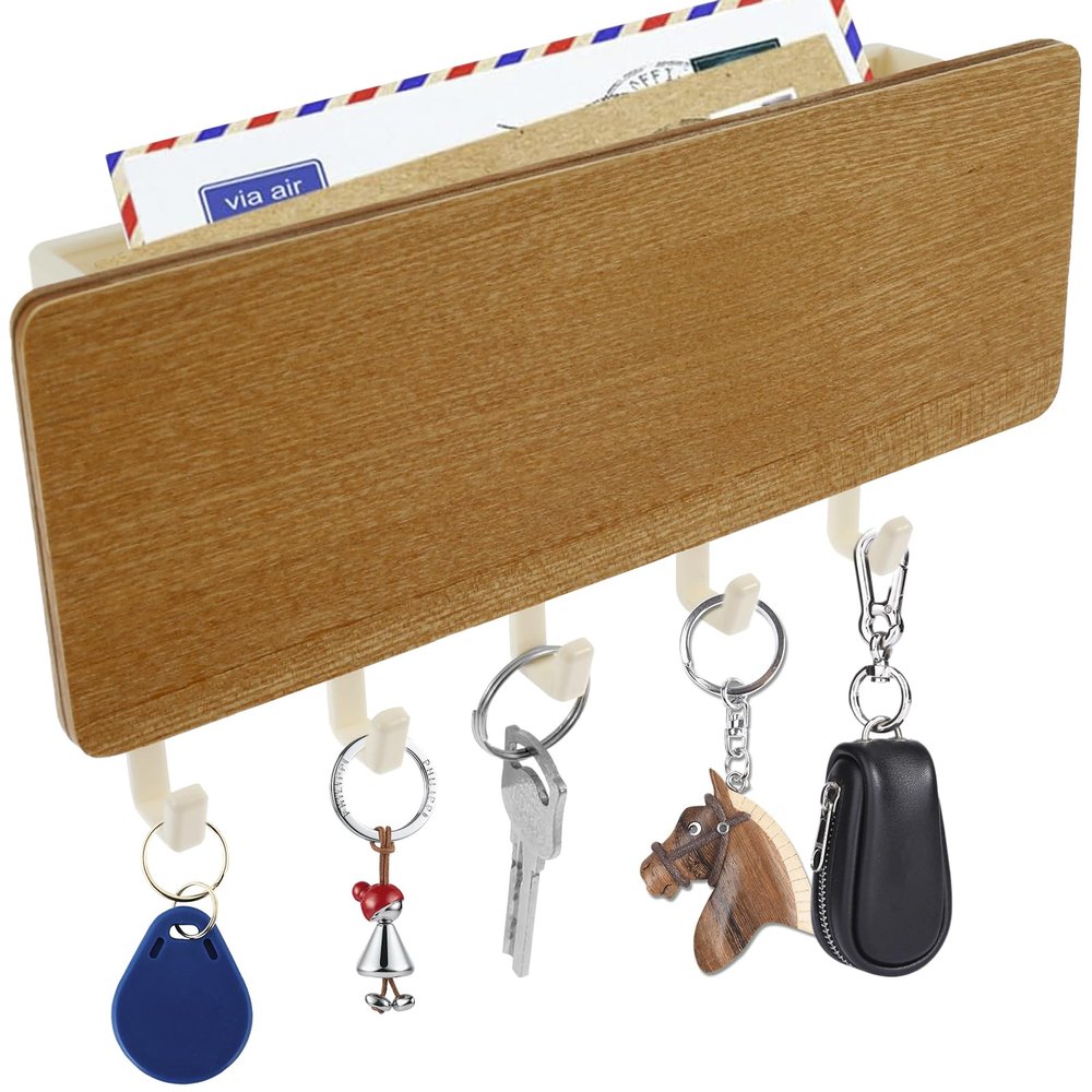 Key Holder Mail, Wall Mounted Mail Organizer and Key Hanger with 5 Hooks & Tray Wooden Wall Key Rack Space Saving Key Holder Easy to Install Key Mail Holder for Entryway Door Kitchen Hallway Foyer