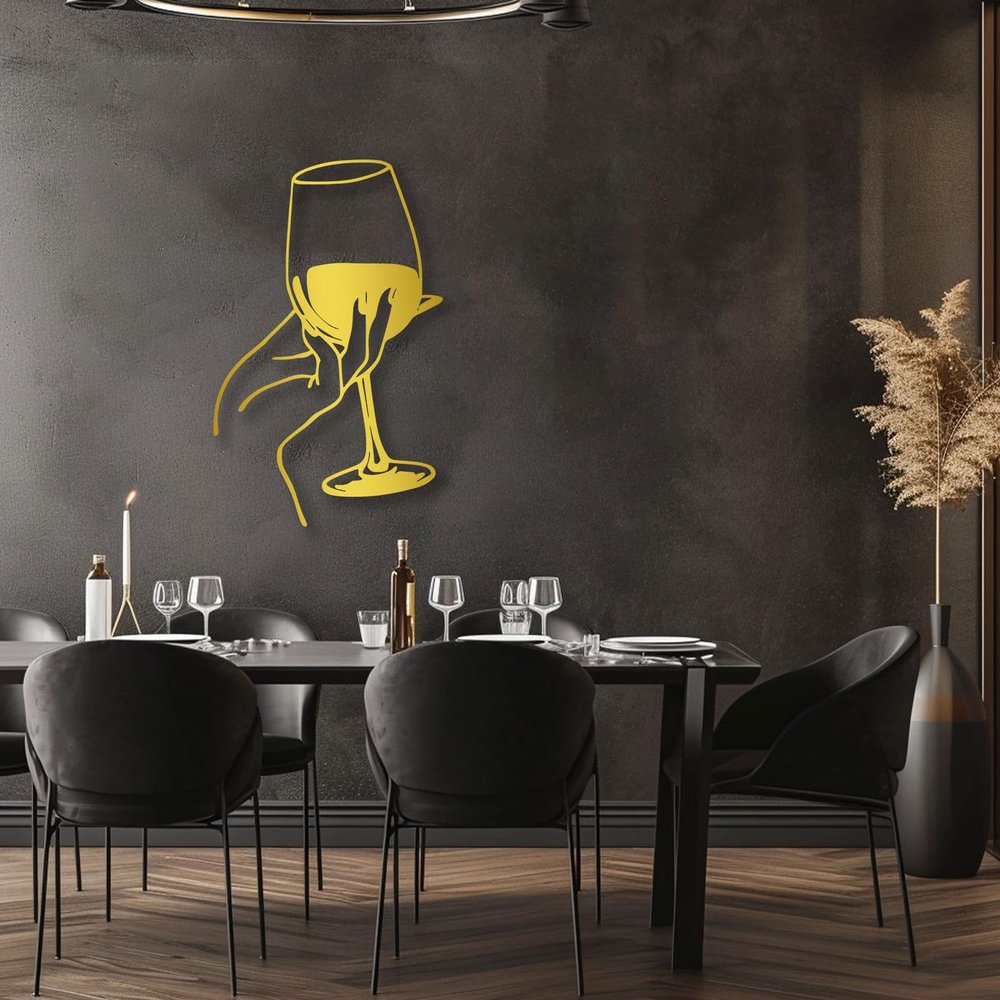 SZI Wine Glass Metal Wall Art, Woman Drinking Wine Home Decor, Line Wall Art, Bar Metal Sign, Modern Wall Decor Dining Room, Kitchen (30 x 19 in / 76 x 48 cm, Gold)