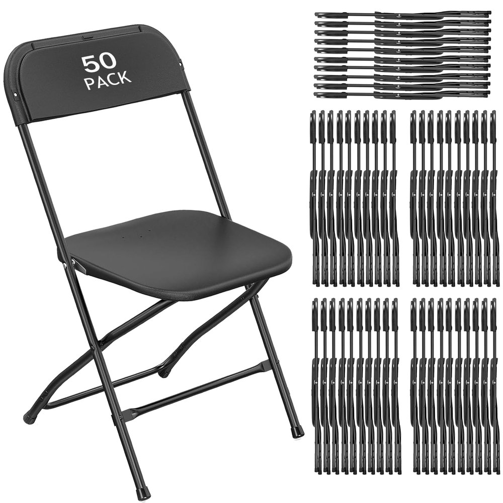 VISTACASA 50 Pack Black Plastic Folding Chair, Indoor Outdoor Portable Stackable Commercial Seat with Steel Frame 350lb. Capacity for Events Office Wedding Party Picnic Kitchen Dining