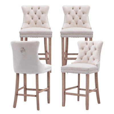 SoarTalent Velvet Upholstered Bar Stools Set of 4 with Back and Wood Legs, Metal Pulling Ring, Armless Counter Height Barstools for Kitchen Island, Pub(Beige)