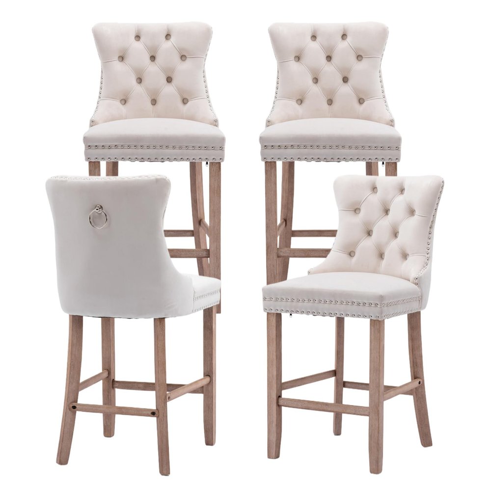 SoarTalent Velvet Upholstered Bar Stools Set of 4 with Back and Wood Legs, Metal Pulling Ring, Armless Counter Height Barstools for Kitchen Island, Pub(Beige)