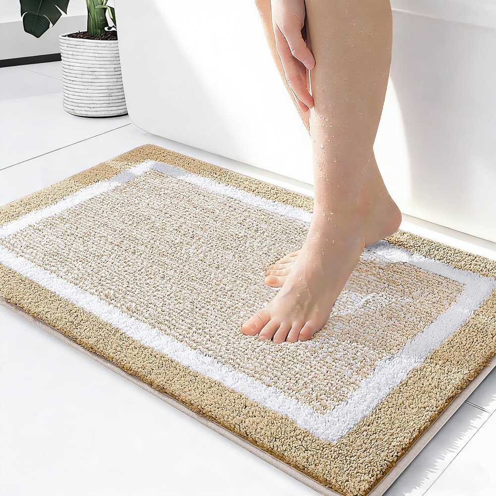 OLANLY Bathroom Rugs 24x16, Extra Soft and Absorbent Microfiber Bath Mat, Non-Slip, Machine Washable, Quick Dry Shaggy Bath Carpet, Suitable for Bathroom Floor, Tub, Shower (Small, Light Beige)