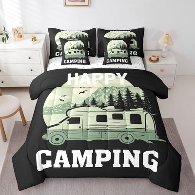 Erosebridal 7Pcs Comforter Set King Size, Happy Camping Comforter Sets Bed in a Bag with Flat Sheet and Fitted Sheet for Kids and Adults, Rv Camper Bedding Set with Pillowcases & Throw Pillow Covers