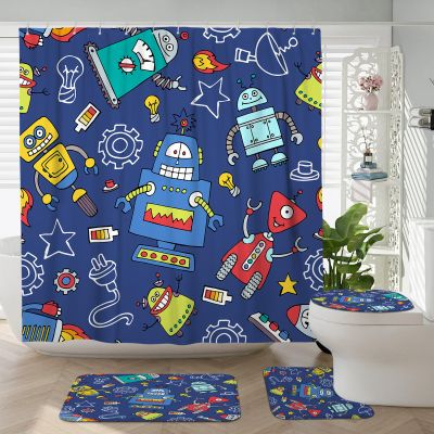 TPHIHPT 4PCS Cartoon Robot Curtain Sets with Non-Slip Rug, U Shape and Toilet Lid Cover Mat, Funny Science Kids Home Bathroom Accessory Sets Decor with 12 Hooks, 72 x 72 Inch