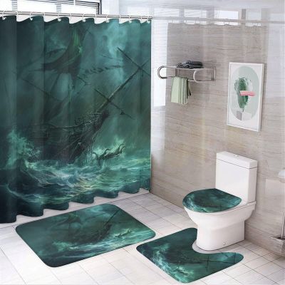 TOWINSFB 4Pcs Rain Sailboat Ocean Shower Curtain Set with Toilet Lid Cover Non-Slip Rugs for Bathroom, Ancient Pirate Ship Wave Shower Curtain Bathroom Sets with Hooks, 72x72 Inch