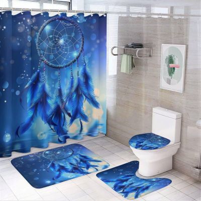 TOWINSFB 4Pcs Blue Dream Catcher Shower Curtain Set with Toilet Lid Cover Non-Slip Rugs for Bathroom, Fantasy Feather Abstract Shower Curtain Bathroom Sets with Hooks, 72x72 Inch