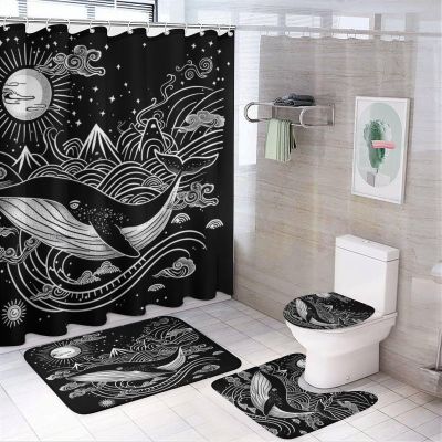 TOWINSFB 4Pcs Black White Whale Shower Curtain Set with Toilet Lid Cover Non-Slip Rugs for Bathroom, Retro Sun Moon Star Animal Shower Curtain Bathroom Sets with Hooks, 72x72 Inch