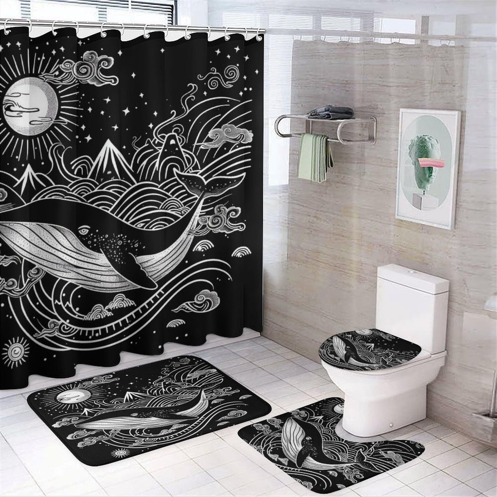 TOWINSFB 4Pcs Black White Whale Shower Curtain Set with Toilet Lid Cover Non-Slip Rugs for Bathroom, Retro Sun Moon Star Animal Shower Curtain Bathroom Sets with Hooks, 72x72 Inch