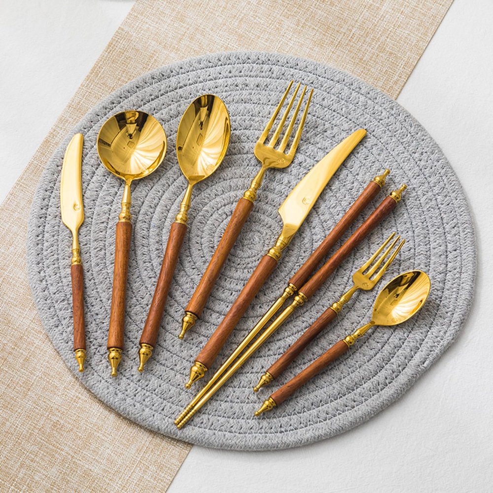 36 ltems for 12 Persons Silverware SetVintage Court Wooden Handle Gold 304 Stainless Steel FlatwareFamily gatherings, hotel businessMirror Finish, Gift Box
