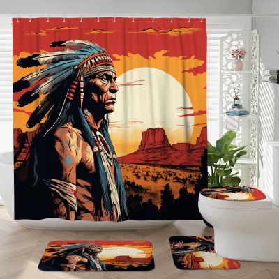 TPHIHPT 4PCS Tribal Native American Shower Curtain Sets with Non-Slip Rug, U Shape and Toilet Lid Cover Mat, Retro Ethnic Indian Chief Home Bathroom Accessory Sets Decor with 12 Hooks, 72 x 72 Inch