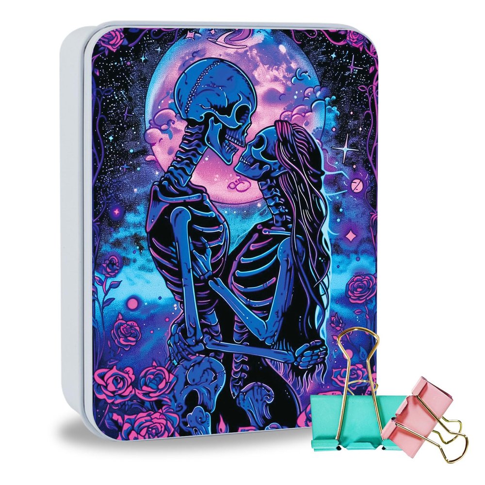 ETLKJVBL Metal Tin Box Sturdy Metal Storage Box with Lid, Large Container Holder for TCG Cards,Car Keys,Cookies,Tin Containers for Gift,5.0x3.7x1.6 Inch,Exquisite Pattern Design(Skeleton Couple)
