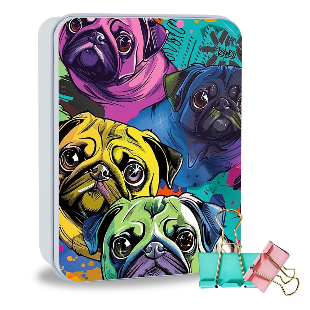 ETLKJVBL Metal Tin Box Sturdy Metal Storage Box with Lid, Large Container Holder for TCG Cards,Car Keys,Cookies,Tin Containers for Gift,5.0x3.7x1.6 Inch,Exquisite Pattern Design(Cute Pug)