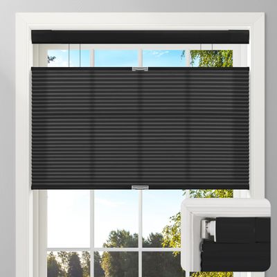 Sulugood No Drill No Tools Light Filtering Cellular Shades Top Down Bottom Up Cellular Blinds, Cordless Fabric Honeycomb Shades, Easy to Install Window Blinds for Home,Black,40" W x 48" H.