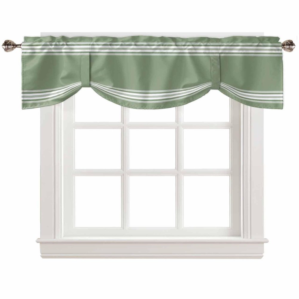AMZRicher Dark Sage Green Tie Up Valance for Window, Farmhouse Sage Green White Striped Adjustable Balloon Window Shade Valance Curtain for Kitchen Cafe Bathroom Window Treatment 1 Panel 54x18