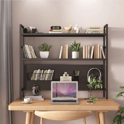 2 Tier Desktop Bookshelf/Bookcase - Bookcase For Computer Desktop Display Stand With Pegboard, Multipurpose Metal Countertop Hutch Bookshelf Adjustable Office Storage Rack, For Dorm Office(Black,115X2