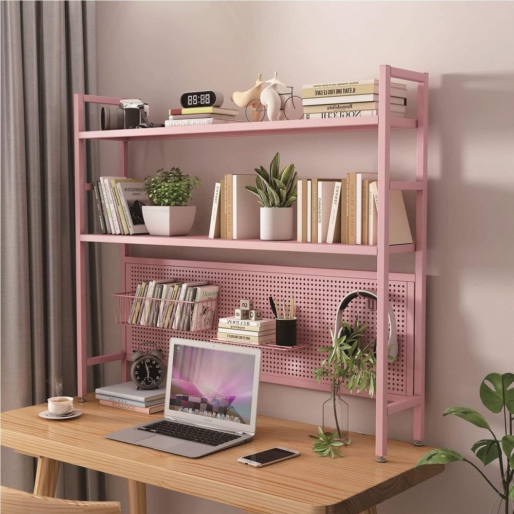 2 Tier Desktop Bookshelf/Bookcase - Bookcase For Computer Desktop Display Stand With Pegboard, Multipurpose Metal Countertop Hutch Bookshelf Adjustable Office Storage Rack, For Dorm Office(Pink,75X22X