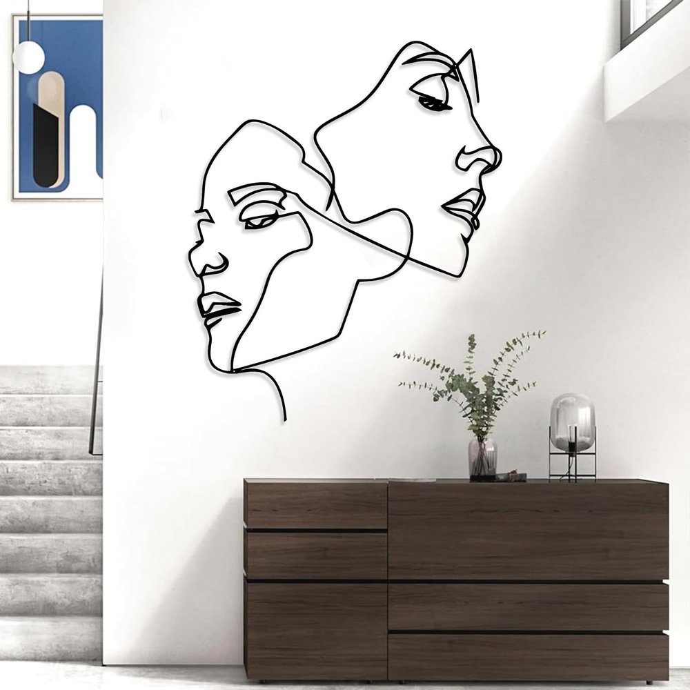 2 Faces Metal Wall Art, Love Line Wall Art, Love Wall Decor, Line Art Wall Decor, Abstract Line Wall Art, Metal Minimalist Wall Art, Metal Wall Hanging, Wall Decor for Bedroom (Black, 15x19in|39x47cm)