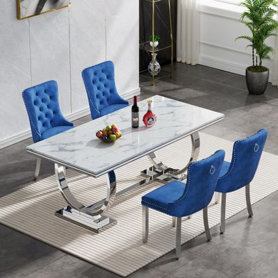 5 Piece Marble Dining Table Set for 4, 68" White Silver Kitchen Dining Room Table and Blue Chairs Set for 4, Modern Large Dinner Table Set for 4 with O-Shape Stainless Steel Base for Dining Kitchen